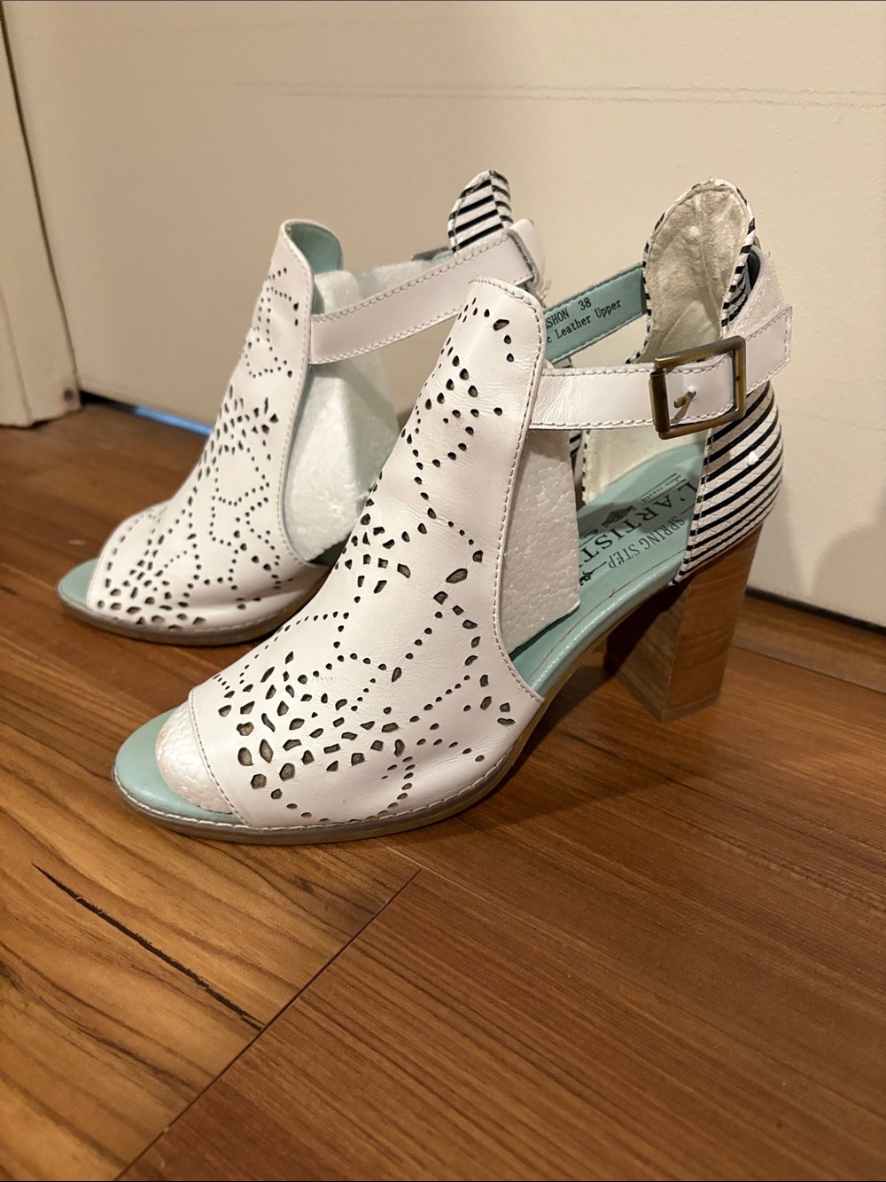 L’Artiste Spring Step Peep-Toe Block Heels with Navy Striped Heel